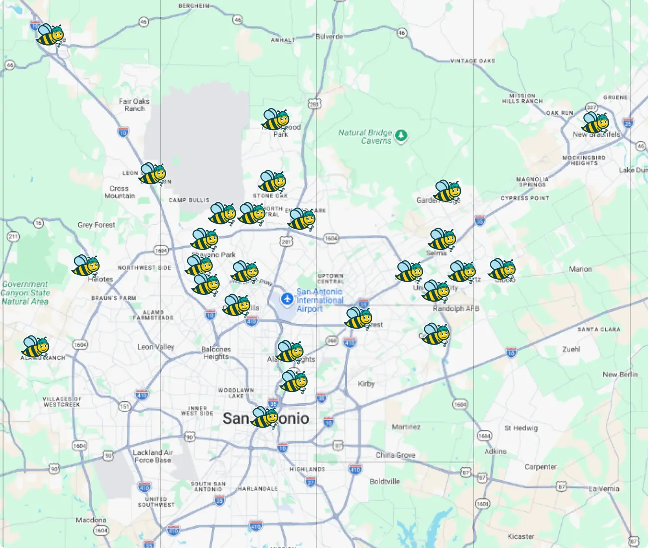 ReliaBee service area map — bee markers across San Antonio, from Boerne and Helotes to New Braunfels